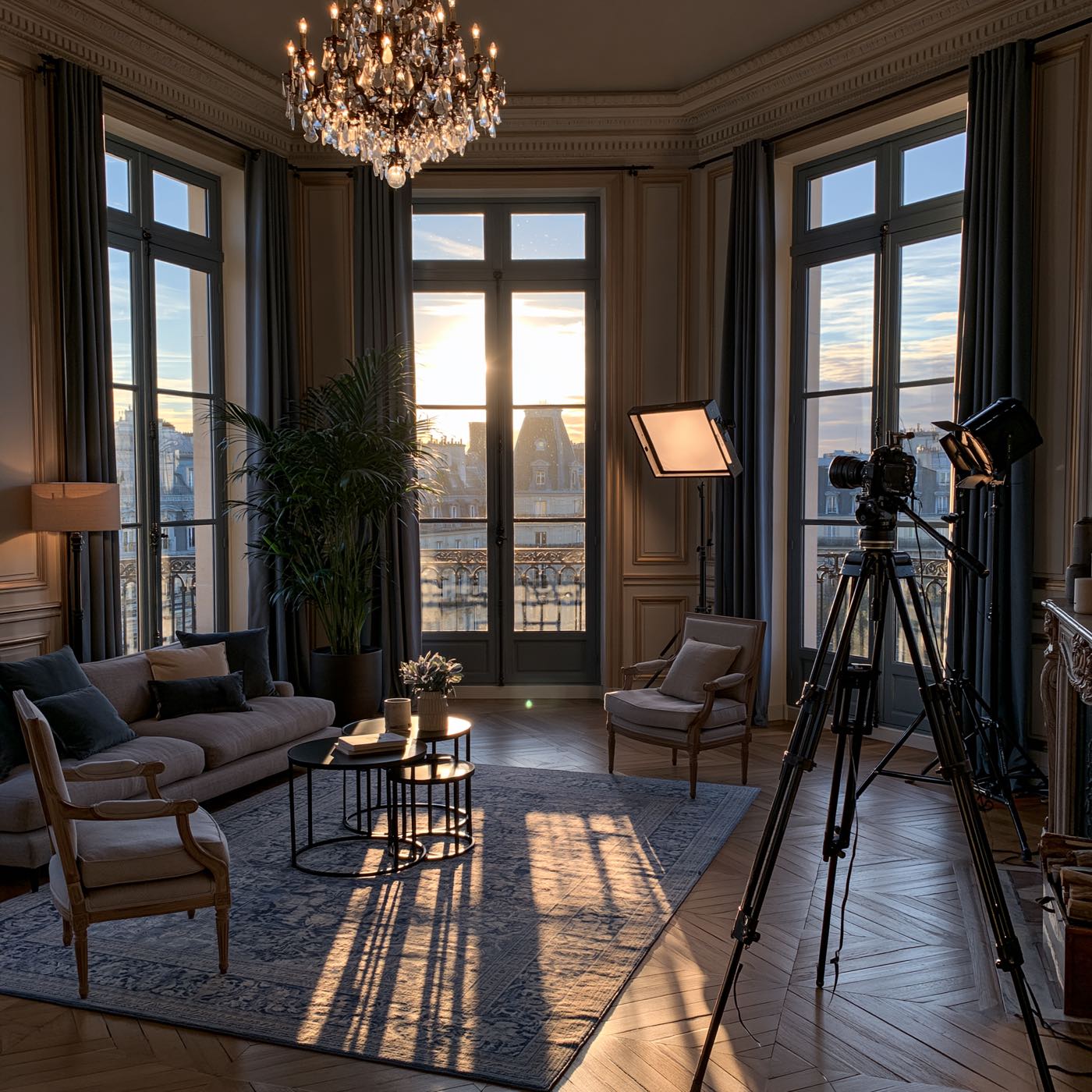 A Parisian apartment set up for a shoot — camera on a tripod, key light, golden-hour windows.